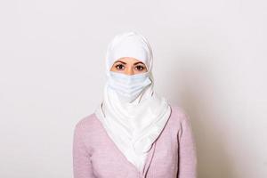 porträt einer jungen muslimischen frau, die eine gesichtsschutzmaske trägt, um coronavirus und anti-smog zu verhindern. Porträt einer jungen Frau im Hijab mit Gesichtsmaske. Covid-19-Präventionskonzept foto