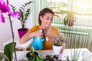 Junge Geschäftsfrau besprüht Pflanzen in Blumentöpfen. Frau, die sich um Zimmerpflanze kümmert. Frau, die sich zu Hause um Pflanzen kümmert und eine Pflanze mit reinem Wasser aus einer Sprühflasche besprüht foto