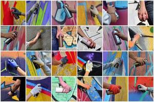 eine Reihe von vielen kleinen Bildern von Händen mit Farbdosen im Prozess foto