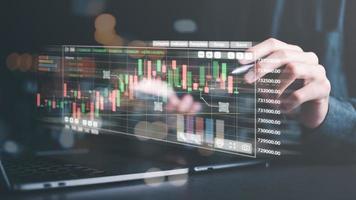 Investoren analysieren Börsenhandelsdiagramme, technische Preisdiagramme und Indikatoren, Geschäfts- und Technologie-Aktiendiagrammdaten, Aktienhandels- und Anlagekonzepte, Devisenhandelsanalysen foto