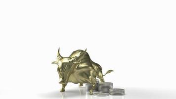 Der goldene Stier und die Münzen auf weißem Hintergrund 3D-Rendering foto