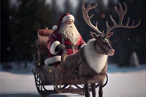 weihnachtsmann, der ein hirsch in einem schlitten reitet, cartoon 3d frohe weihnachten foto