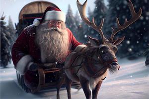 weihnachtsmann, der ein hirsch in einem schlitten reitet, cartoon 3d frohe weihnachten foto