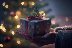 Hand, die ein Geschenk hält, gibt es einen Weihnachtsbaum, der im Hintergrund mit Lichtern geschmückt ist foto