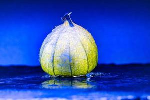 Physalis auf schwarzem nassem Boden mit blauem Hintergrund. beleuchtetes Obst. Vitamin C foto