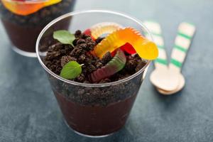 Kinder Schokoladendessert in einer Tasse Schmutz und Würmer foto