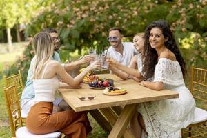 gruppe glücklicher junger leute, die mit frischer limonade jubeln und früchte im garten essen foto