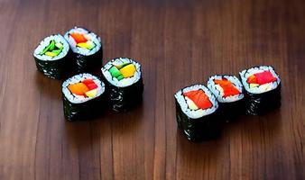 Traditionelles, frisches, leckeres Sushi-Rollen-Essen. kreatives Sushi. foto