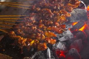 Sate Ayam oder Chicken Satay mit Reiskuchen Lontong, serviert mit Erdnusssauce, geschnittenen Chilis und Schalotten. Foto mit selektivem Fokus