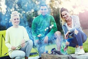 gruppe von freunden, die marshmallow am lagerfeuer zubereiten foto