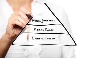 weibliche hand, die eine moralische pyramide im geschäft zeichnet foto