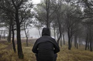 Frau im Wald mit Nebel foto