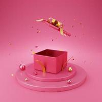 offene rosa geschenkbox und weihnachtskugeln auf dem bühnenpodium mit fallendem goldenem konfetti auf rosa hintergrund. weihnachten und frohes neues jahr, geburtstag, valentinstag, hochzeit. 3D-Rendering. foto