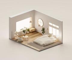 isometrische ansicht schlafzimmer im muji-stil offen innen innenarchitektur, 3d-rendering digitale kunst. foto