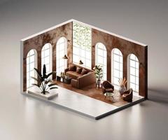 isometrische Ansicht Wohnzimmer offen Innenarchitektur, 3D-Rendering digitale Kunst. foto
