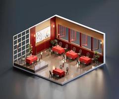 isometrische ansicht chinesisches restaurant offen innen innenarchitektur, 3d-rendering. foto