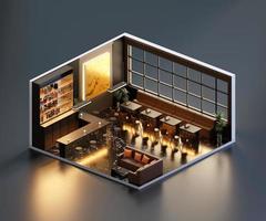 Restaurant mit isometrischer Ansicht offen in der Innenarchitektur, 3D-Rendering. foto