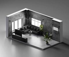 isometrische Ansicht Wohnzimmer offen Innenarchitektur, 3D-Rendering digitale Kunst. foto