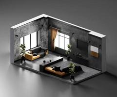 isometrische Ansicht Wohnzimmer offen Innenarchitektur, 3D-Rendering digitale Kunst. foto