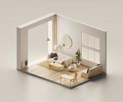 isometrische ansicht wohnzimmer im muji-stil offen innen innenarchitektur, 3d-rendering digitale kunst. foto