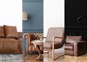 horizontale Collage mit braunen Ledersofas und Sesseln in zeitgenössischem Interieur. moderne, stilvolle, hochwertige Ledermöbel. Naturmaterial. Möbelherstellung oder -geschäft. 3D-Rendering. foto