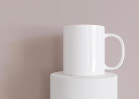 weißer becher verspotten. leere vorlage für ihr design, werbung, logo. Nahaufnahme. Platz kopieren. Cup-Präsentation auf beigem Hintergrund. minimalistisches kaffeetassenmodell. 3D-Rendering. foto