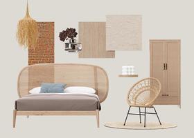 innenarchitektur-moodboard mit isolierten modernen schlafzimmermöbeln, wohnaccessoires, materialien. Möbelhaus, Innendetails. Innenprojekt. Boho-Stil, Moodboard, Collage. 3D-Rendering. foto