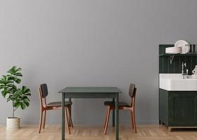 leere graue wand in der modernen küche. Mock-up-Interieur im minimalistischen, zeitgenössischen Stil. freier Speicherplatz, kopieren Sie Platz für Ihr Bild, Text oder ein anderes Design. Tisch, Stühle, Pflanze. 3D-Rendering. foto