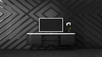 3D-Rendering-Fernseher auf schwarzem Sideboard im dunklen Wohnzimmer foto