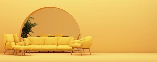 innenarchitekturkonzept verkauf von wohndekorationen und möbeln während aktionen und rabatten, es ist umgeben von betten, sofas, sesseln und werbeflächen banner. gelber Hintergrund. 3D-Rendering foto