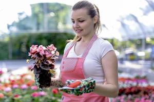 junge Frau in einer Gärtnerei, die eine Blumenpflanze in ihren Händen hält, während sie auf dem Gehweg zwischen Pflanzen kniet. foto