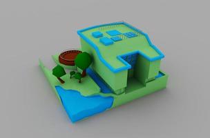 3D-Darstellung, die minimales Low-Poly-Haus auf weißem Hintergrund darstellt. foto