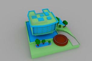 3D-Darstellung, die minimales Low-Poly-Haus auf weißem Hintergrund darstellt. foto