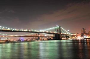 Brooklyn Bridge Nahaufnahme über East River in der Nacht in New York City Manhattan mit Lichtern und Reflexionen. foto