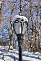 Gefrorener Laternenpfahl im Central Park in New York City nach einem Schneesturm. foto