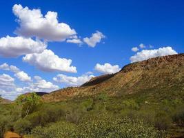 australische Outback-Landschaft. Buschvegetation in der Trockenzeit mit rotem Sand im Wüstenpark bei Alice Springs in der Nähe von Macdonnell Ranges im nördlichen Territorium, Zentralaustralien. foto