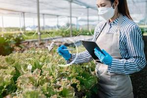 Frau übergibt Gartensalat im Bauernhof mit Wachstumsprozess und chemischer Formel auf grünem Hintergrund. mit VR-Symbol foto