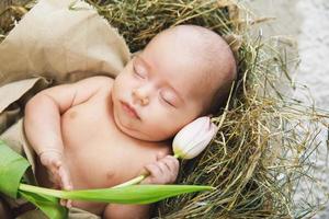 süßes kleines baby liegt in der holzkiste mit tulpenblume foto