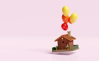 3D-Modell Holzhaus mit Ballon, Blumentopf, Zaun isoliert auf rosa Hintergrund. konzept 3d-illustration, 3d-rendering foto