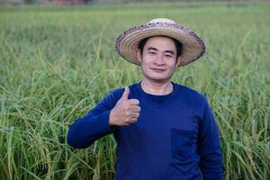 porträt eines gutaussehenden asiatischen bauern ist auf einem reisfeld, trägt hut, blaues hemd, daumen hoch. konzept, landwirtschaftsberuf. Bauer mit Bio-Reis. foto