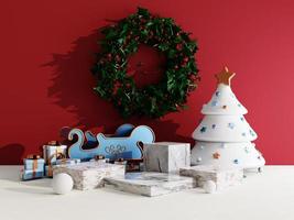 weihnachtsverkaufshintergrund mit weihnachtsgeschenkbox und bühnenpodest auf rotem und weißem hintergrund für die wiedergabe der produktanzeige 3d foto