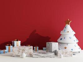 weihnachtsverkaufshintergrund mit weihnachtsbaum und bühnenpodest für die wiedergabe der produktanzeige 3d foto