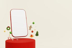 weihnachts- und neujahrsferienkonzept. mock up smartphone auf rotem podium mit weihnachtsschmuck. pastellgelber hintergrund 3d-illustration kopierraum foto