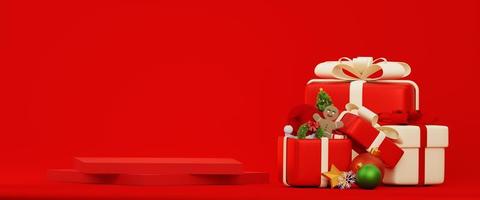 weihnachts- und neujahrsferienkonzept. rotes quadratisches Podium mit Geschenkboxen. offene geschenkbox mit weihnachtsschmuck. rotes quadratisches podium produktdisplay. 3D-Darstellung foto