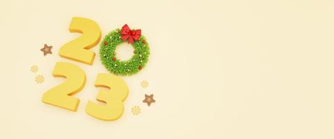 weihnachten und neujahr hintergrund. 2023 Neujahrsgoldtext mit Weihnachtskranz, Schneeflocken und Lebkuchenstern. 3D-Darstellung auf gelbem pastellfarbenem Hintergrund kopieren Raum foto