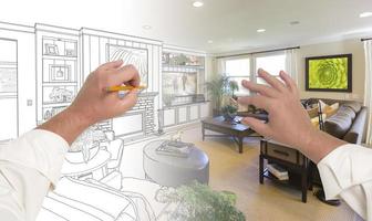 Hände zeichnen Wohnzimmerdesign, das in Fotografie übergeht foto