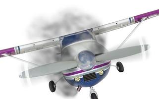 Cessna 172 Front mit Rauch vom Motor auf weiß foto