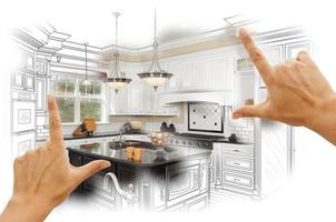 Hände, die benutzerdefinierte Küchendesignzeichnungen und Fotokombinationen einrahmen foto