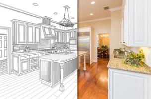 geteilter Bildschirm mit Zeichnung und Foto der neuen Küche