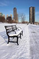 leere schneebedeckte bank in chicago foto